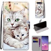 Voor Samsung Galaxy S10 + Gekleurde tekening Cross Texture Horizontale Flip PU lederen tas met houder & kaartsleuven & portemonnee & lanyard (Big Cat Hugging Kitten)