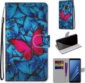 Voor Samsung Galaxy A8 2018 Gekleurde tekening Cross Texture Horizontale Flip PU lederen tas met houder & kaartsleuven & portemonnee & lanyard (grote rode vlinder op blauw)