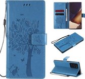 Voor Samsung Galaxy Note20 Ultra Tree & Cat Pattern Pressed Printing Horizontale Flip PU lederen tas met houder & kaartsleuven & portemonnee & lanyard (blauw)