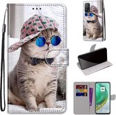 Voor Xiaomi Mi 10T Pro / 10T / K30s Gekleurde tekening Cross Texture Horizontale Flip PU lederen tas met houder & kaartsleuven & portemonnee & lanyard (Slant Hat Blue Mirror Cat)