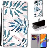 Voor Geschikt voor Xiaomi Redmi 9C Gekleurde Tekening Cross Textuur Horizontale Flip PU Lederen Case met Houder & Kaartsleuven & Portemonnee & Lanyard (Roze Groen Blad)