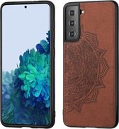 Voor Samsung Galaxy S21 5G Mandala Reliëf Doek Cover PC + TPU Mobiele Telefoon Case met Magnetische Functie en Draagriem (Bruin)