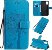 Voor Galaxy A71 Tree & Cat Pattern Pressed Printing Horizontale Flip PU lederen tas met houder & kaartsleuven & portemonnee & lanyard (blauw)