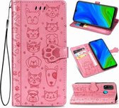 Voor Huawei P Smart 2020 Mooie Kat en Hond Embossing Patroon Horizontale Flip Leren Case, met Houder & Kaartsleuven & Portemonnee & Cartoon Sluiting & Lanyard (Roze)