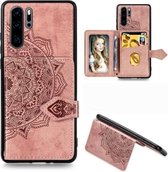 Voor Huawei P30 Pro Mandala Reliëf Magnetische Doek PU + TPU + PC Case met Houder & Kaartsleuven & Portemonnee & Fotolijst & Riem (Rose Goud)