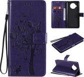 Voor Xiaomi Mi 10T Lite 5G Tree & Cat Pattern Pressed Printing Horizontale Flip PU lederen tas met houder & kaartsleuven & portemonnee & lanyard (paars)