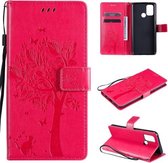 Voor OPPO Realme 7i / C17 Tree & Cat Pattern Pressed Printing Horizontale Flip PU lederen tas met houder & kaartsleuven & portemonnee & lanyard (Rose Red)