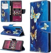 Voor Sony Xperia 5 / XZ5 Gekleurde tekening patroon Horizontale flip lederen tas met houder & kaartsleuven & portemonnee (gouden vlinder)