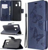 Voor Galaxy A21 Twee vlinders reliëfpatroon horizontaal Flip lederen tas met houder & kaartsleuf & portemonnee & lanyard (donkerblauw)