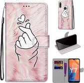 Voor Huawei Y7 (2019) / Enjoy 9 Gekleurde Tekening Cross Textuur Horizontale Flip PU Lederen Case met Houder & Kaartsleuven & Portemonnee & Lanyard (Roze Handen Hart)