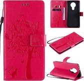 Voor Nokia 3.4 Tree & Cat Pattern Pressed Printing Horizontale Flip PU Leather Case met houder & kaartsleuven & portemonnee & Lanyard (Rose Red)