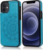 Dubbele gesp Mandala-patroon PU + TPU beschermhoes met kaartsleuven & houder & fotolijst voor iPhone 12 mini (blauw)