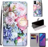 Voor Huawei Honor 9A Gekleurde Tekening Cross Textuur Horizontale Flip PU Lederen Case met Houder & Kaartsleuven & Portemonnee & Lanyard (Lichtroze Boeket)