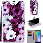 Voor Huawei Y6p Gekleurde Tekening Cross Textuur Horizontale Flip PU Lederen Case met Houder & Kaartsleuven & Portemonnee & Lanyard (Chrysanthemum Roze Wit Paars)