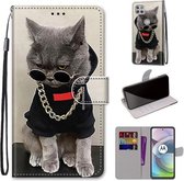 Voor Motorola Moto G 5G Gekleurde tekening Cross Texture Horizontale Flip PU lederen tas met houder & kaartsleuven & portemonnee & lanyard (Golden Chain Grey Cat)