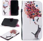 Voor iPhone XR Gekleurd tekeningpatroon Horizontaal Flip TPU + PU lederen hoes met houder & kaartsleuven & portemonnee & lanyard (kat en vlinders)