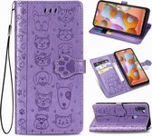 Voor Galaxy A11 schattige kat en hond reliëf horizontale flip lederen tas met beugel / kaartsleuf / portemonnee / lanyard (paars)