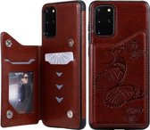 Voor Galaxy S20 Plus vlinder reliëfpatroon schokbestendig beschermhoes met houder & kaartsleuven en fotolijst (bruin)