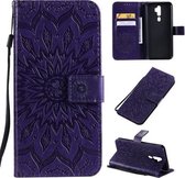Voor OPPO A9 2020 / A5 2020 Geperst afdrukken Zonnebloempatroon Horizontale flip PU lederen tas met houder & kaartsleuven & portemonnee & lanyard (paars)