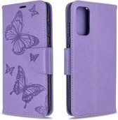Voor Galaxy S20 Embossing Two Butterflies Pattern Horizontale Flip PU Leather Case met houder & kaartsleuf & portemonnee & lanyard (paars)