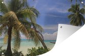 Tuinposter - Tuindoek - Tuinposters buiten - De pier over de zee op Moorea dichtbij Tahiti in Frans Polynesië - 120x80 cm - Tuin