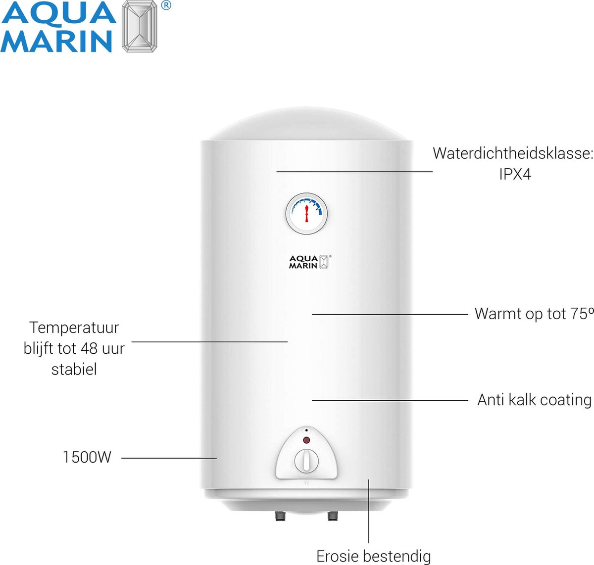 Aquamarin® Chauffe-Eau Électrique - 50 Litres, Jusqu'à à 75°C, 2
