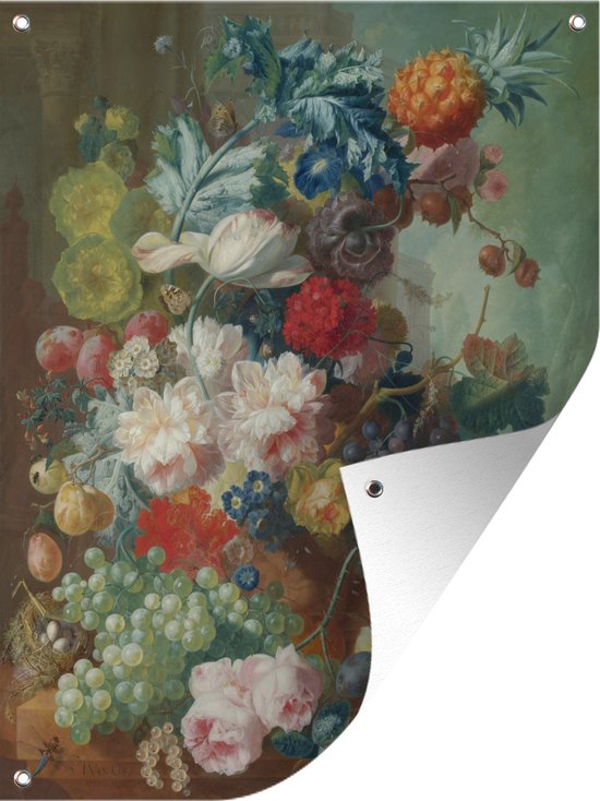 Tuin decoratie Fruit & bloemen in een terracotta vaas - Jan van Os - 30x40 cm - Tuindoek - Buitenposter