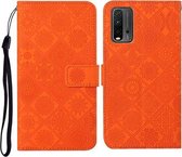 Voor Xiaomi Redmi 9T etnische stijl reliëf patroon horizontale flip lederen tas met houder & kaartsleuven & portemonnee & lanyard (oranje)