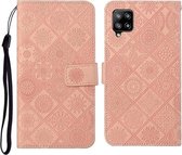 Voor Samsung Galaxy A22 4G etnische stijl reliëf patroon horizontale flip lederen tas met houder & kaartsleuven & portemonnee & lanyard (roze)