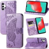Voor Samsung Galaxy A32 4G Vlinder Liefde Bloem Reliëf Horizontale Flip Lederen Case met Beugel / Kaartsleuf / Portemonnee / Lanyard (Lichtpaars)