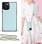 Elegant ruitvormig patroon microfiber leer + TPU schokbestendig hoesje met crossbody riemketting voor iPhone 12 Pro Max (blauw)