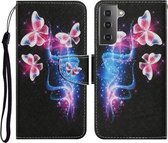 Voor Samsung Galaxy S21 FE Gekleurd tekeningpatroon Horizontaal Flip PU-lederen hoes met houder & kaartsleuven & portemonnee & lanyard (drie fluorescerende vlinders)