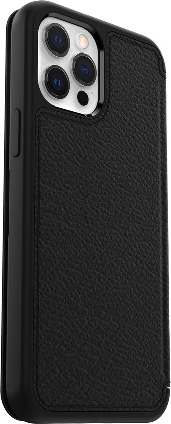 Zwarte OtterBox Strada case met lederlook textuur en uitsparing voor de cameralens.