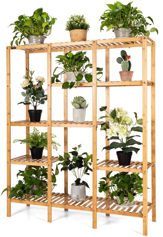 COSTWAY Plantenrek van bamboe, staand rek met 9 niveaus, ruimteverdeler, bloemenrek met hangrek, trappenrek, plantenstandaard, bamboerek voor woonkamer balkon, 167 x 30 x 166 cm