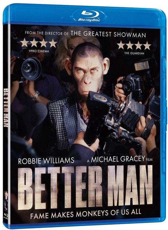 Blu-ray hoes van "Better Man" met een chimpansee omringd door camera's en de tekst "ROBBIE WILLIAMS".