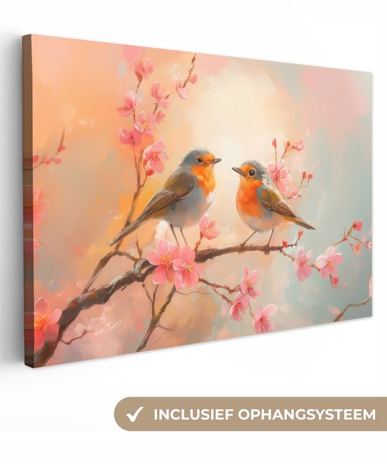 Tableau sur toile 90x60 cm - Décoration murale Rouge-gorges - Gracieux - Branche fleurie - Décoration murale salon - Décoration chambre - Accessoires chambre - Peintures sur toile