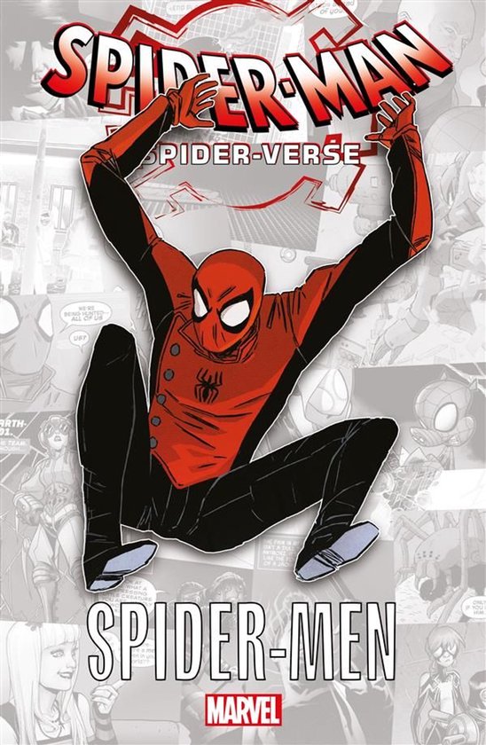 Spider-Man dans son costume rouge et noir, accroupi, les bras levés. Le texte 'SPIDER-MAN SPIDER-VERSE' est en haut.
