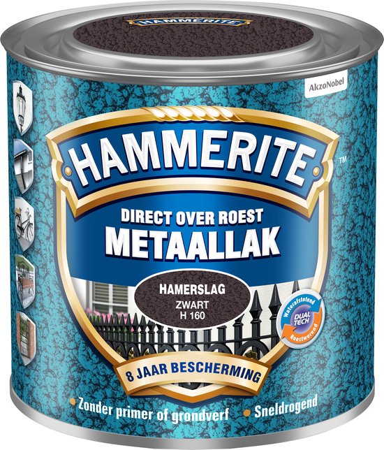 Blik Hammerite metaallak hamerslag zwart H160. Tekst: 8 jaar bescherming. Zonder primer of grondverf. Sneldrogend.