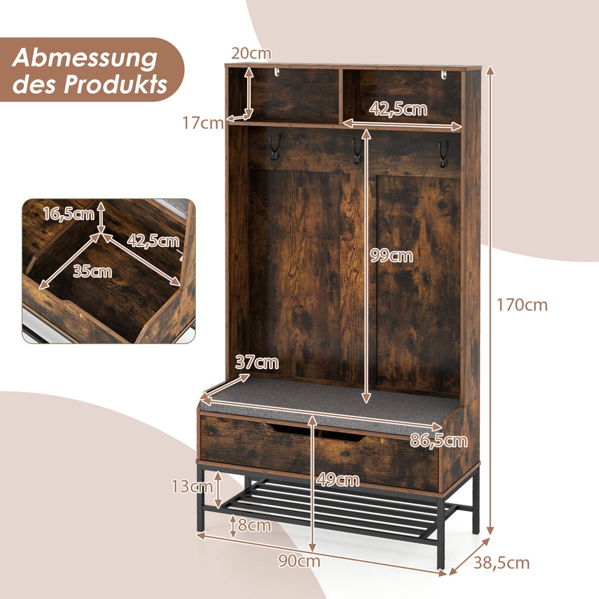 4-in-1 Kapstok met Zitbank – Garderoberek met Open Vakken - Schoenenkast en 3 Haken – Halgarderobe met Zitkussen – 90 x 38,5 x 170 cm – foto 3
