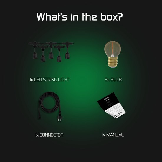 Inhoud van de doos: LED lichtsnoer, 5x gloeilamp, connector en handleiding.