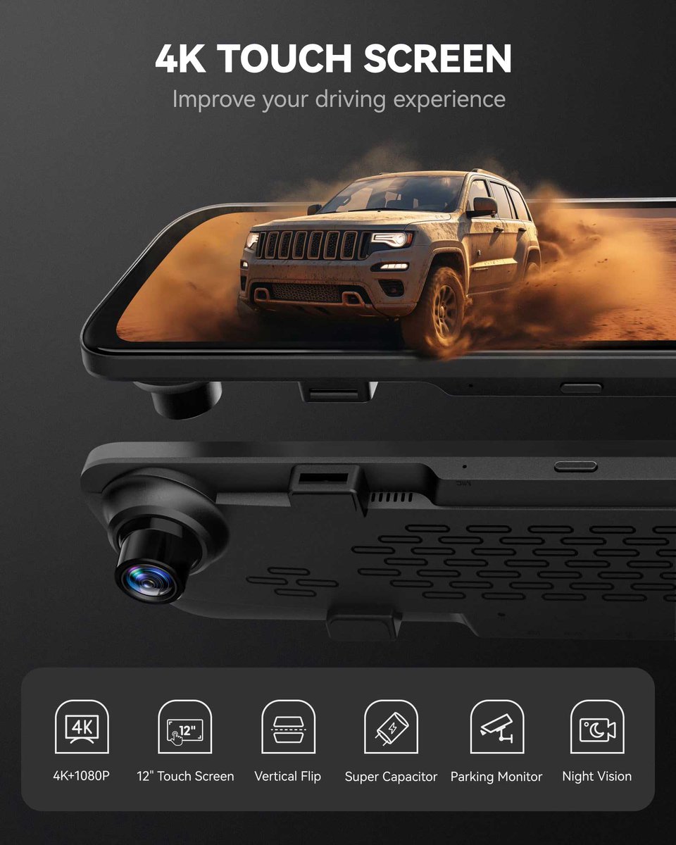 Wolfbox G850 Pro 4K Gps 64gb Mirror dashcam - Parkeermodus - 12,0 inch touchscreen Lcd - 4K + Full HD resolutie - Wifi met App - Gps ontvanger - 64gb Micro SD kaart - Spiegel dashcam en digitale binnenspiegel thumbnail 2