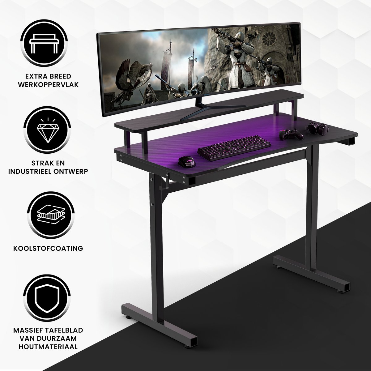 Bayt Game Bureau - Gaming Bureau - Gaming desk - Game Bureau met LED - Computertafel - Monitor Standaard - 105 x 55 x 75 cm - Zwart thumbnail 4