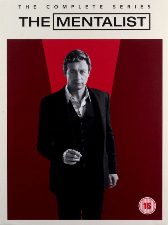 The Mentalist Complete Series DVD-cover met Simon Baker in een zwart pak en gilet tegen een rode achtergrond.