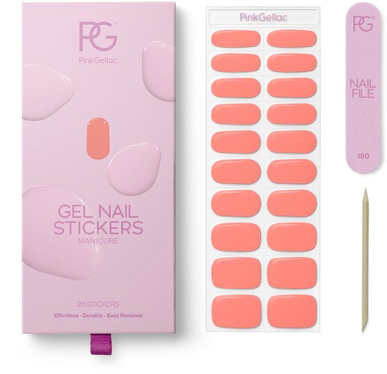 Doosje en vel met zachtoranje nagelstickers, inclusief vijl en duper.