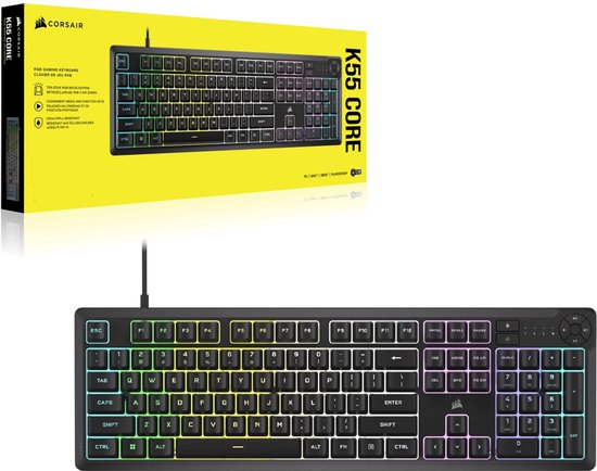 Zwart Corsair K55 Core gaming toetsenbord met RGB-verlichting, naast de gele verpakking.