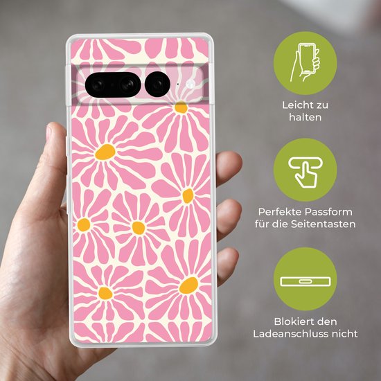 Telefoonhoesje met een beige achtergrond en een herhalend patroon van roze bloemen met oranje kernen, vastgehouden in een hand.