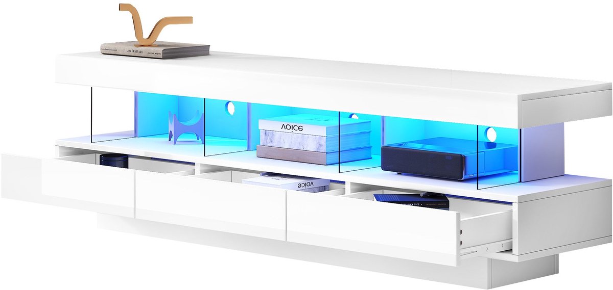 Merax TV-meubel 160x38x50,5 cm met 3 Glazen vakken – Hoogglans Wit – TV Kast met LED-verlichting via App-besturing en Bluetooth – Geschikt voor TV’s tot 70 inch