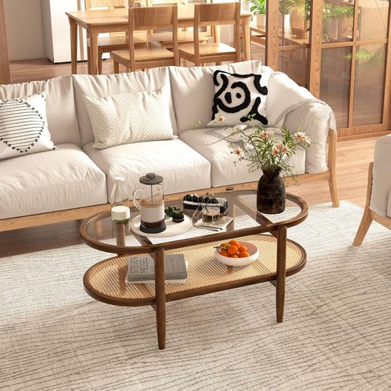 47 inch massief houten salontafel met opbergruimte, eikenhouten salontafel, ovale salontafels uit het midden van de eeuw, voor woonkamer, eenvoudige montage