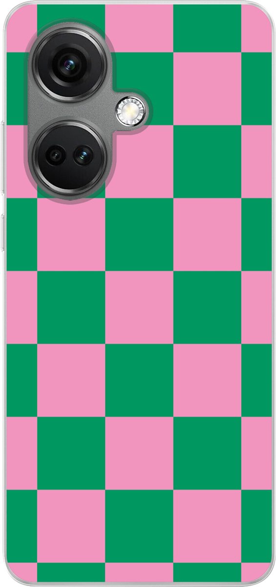 Telefoonhoesje Geschikt voor OnePlus Nord CE 3 (5G) hoesje - Schaakbord patroon - Groen - Roze - Blokjes - Siliconen Telefoonhoesje Telefoonhoesje