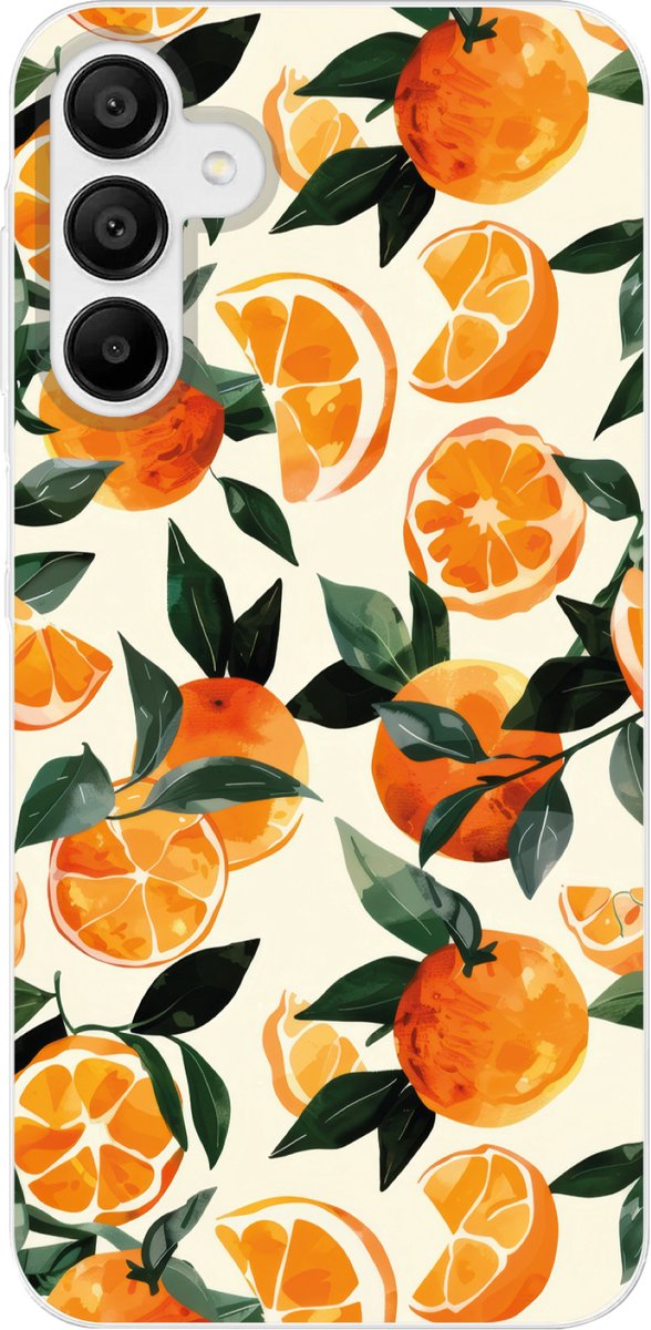 Telefoonhoesje Geschikt voor Samsung Galaxy A15 5G hoesje - Sinaasappels - Vruchten - Bladeren - Oranje - Groen - Beige - Siliconen Telefoonhoesje Telefoonhoesje